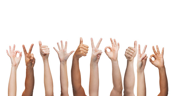 human hands showing thumbs up, ok and peace signs PP电子·仿照器(试玩游戏)官方网站